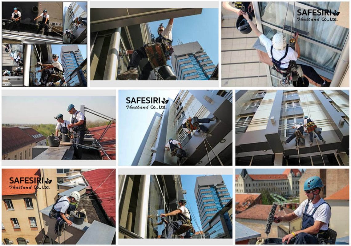 Abseiling to wipe the glass content